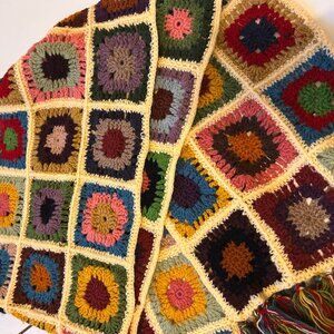 Lucky Brand Crochet Granny Square Scarf Y2K Multicolored Boho Hippie Fringe